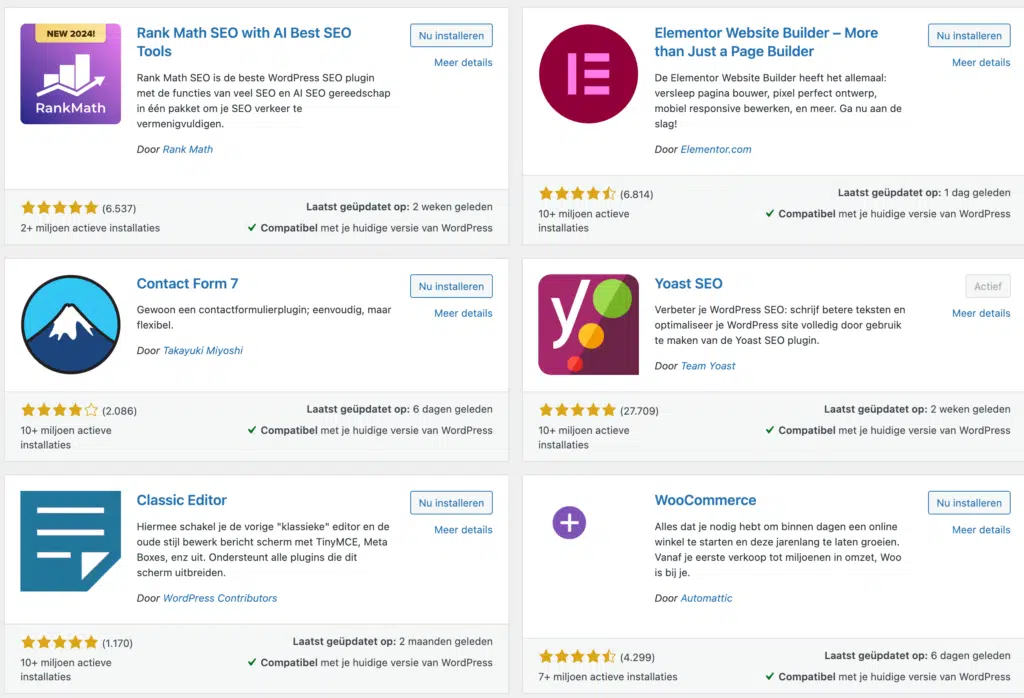 Screenshot van WordPress plugin directory met o.a. Elementor, Contact Form 7 en Yoast SEO plugins. 